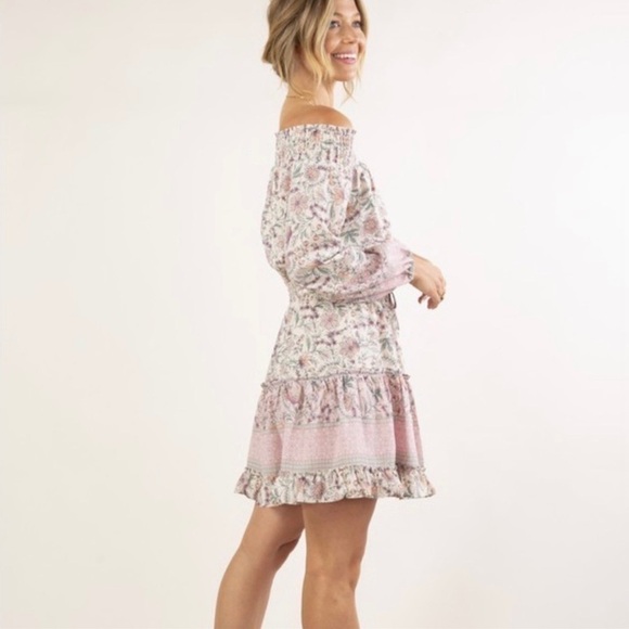 LOVESTITCH Pink Floral Ruffle Off-Shoulder Boho Mini Dress Small Nwt - Picture 4 of 14